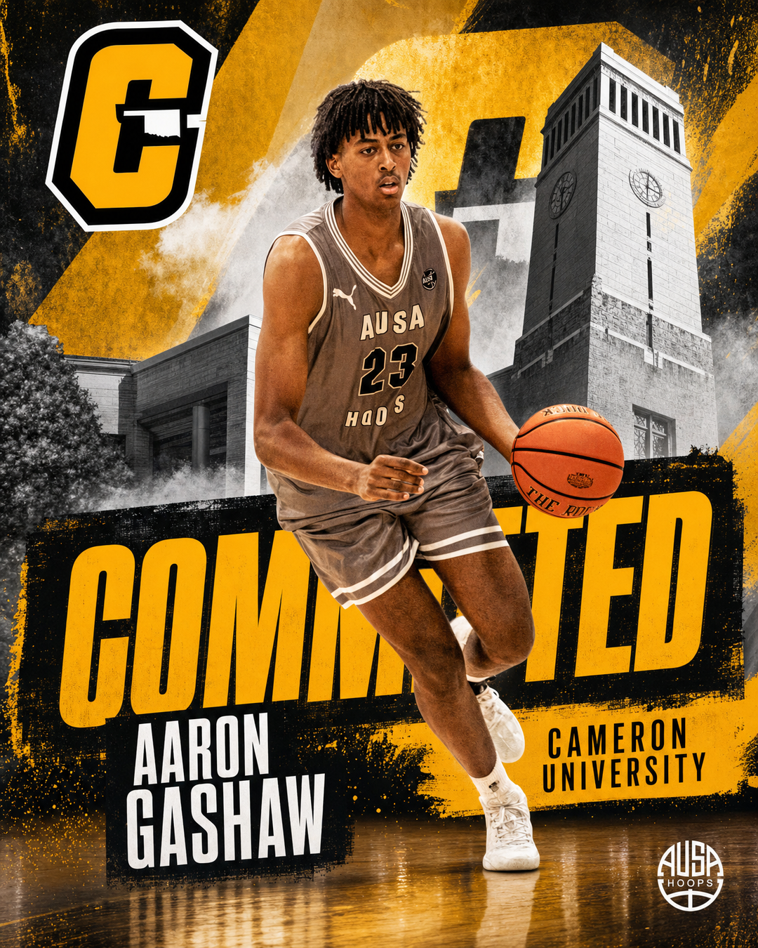 Aaron Gashaw Commits to Cameron University Basketball, commitment graphic