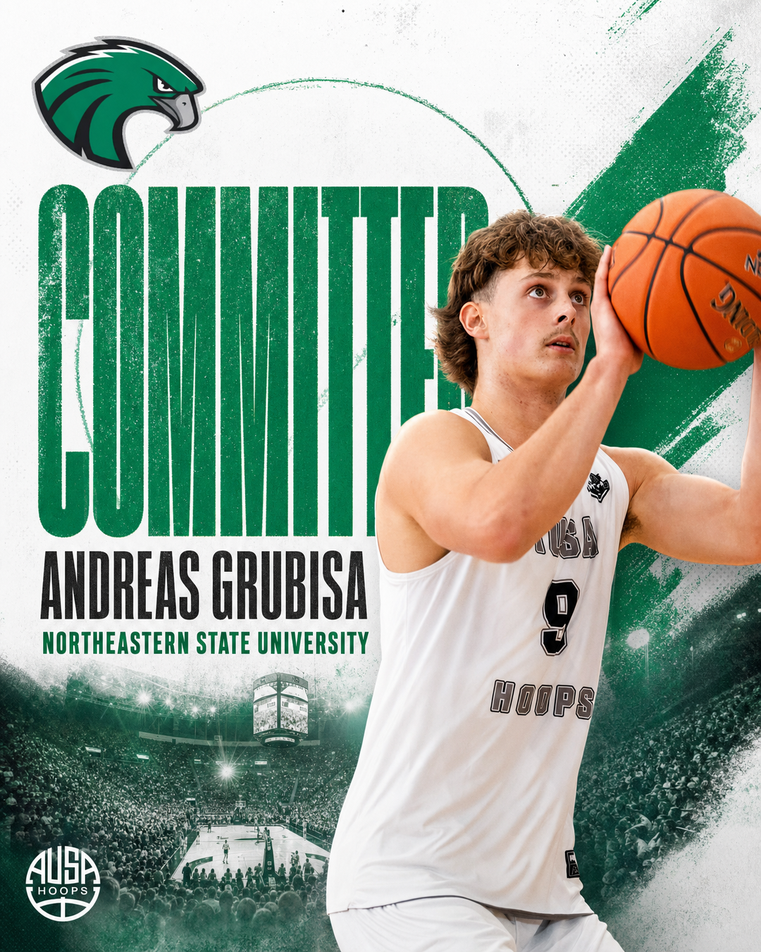 Andreas Grubisa Commits to Northeastern State University, commitment graphic