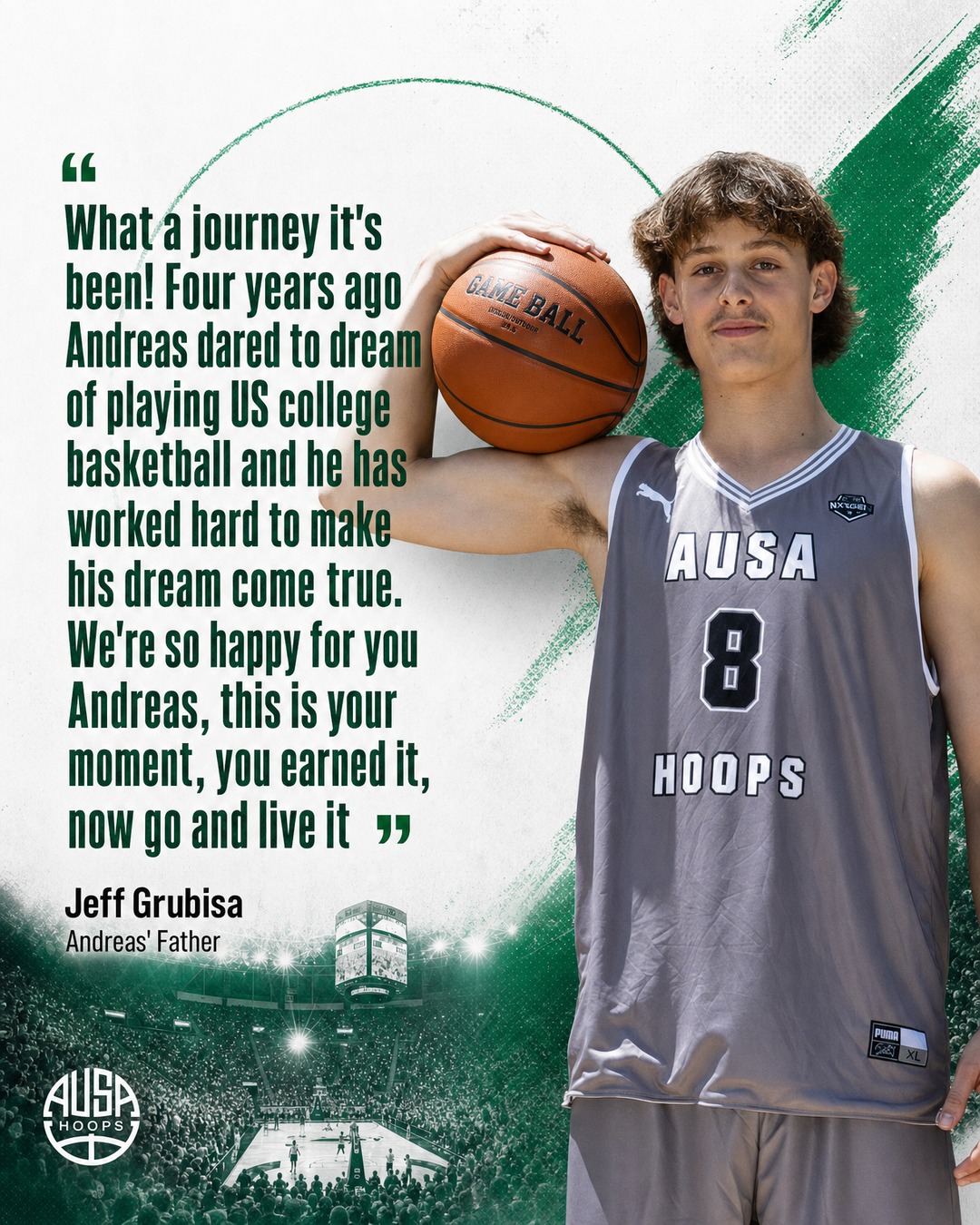 Andreas Grubisa Commits to Northeastern State University, quote graphic