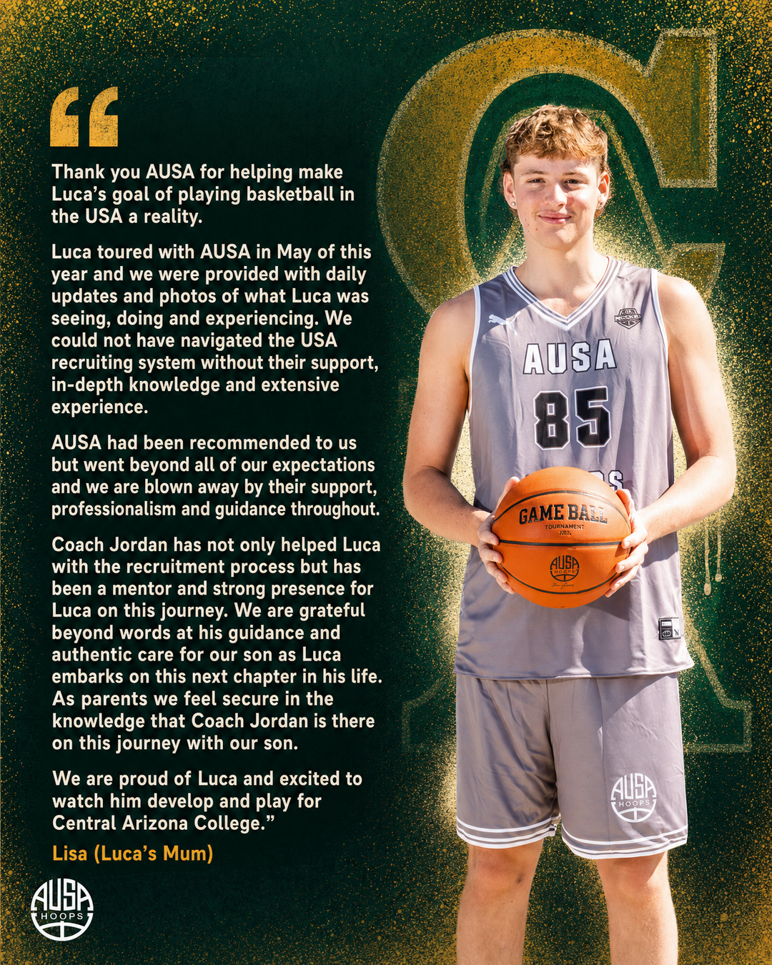 Luca Dinulescu Commits to Central Arizona College for Basketball, quote graphic